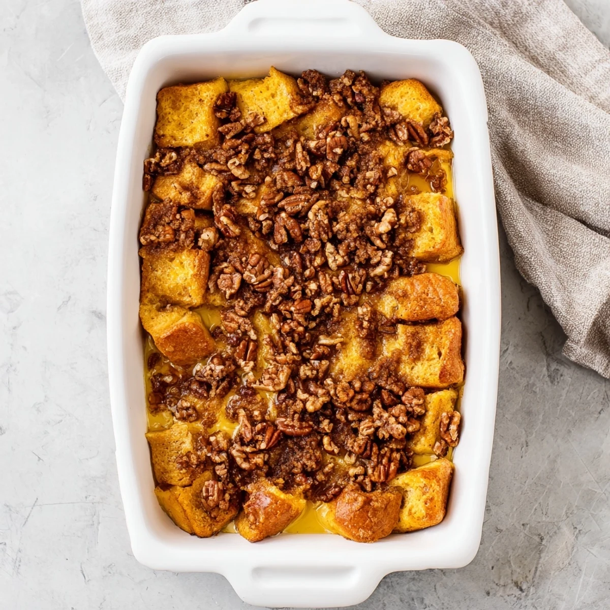 A slice of French Toast Casserole shows golden bread cubes soaked in custard, topped with gooey brown sugar and pecans.