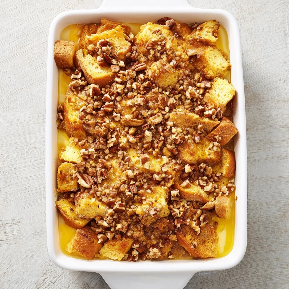 A close-up of French Toast Casserole reveals fluffy, baked bread in cinnamon-vanilla custard, ready to serve with maple syrup.
