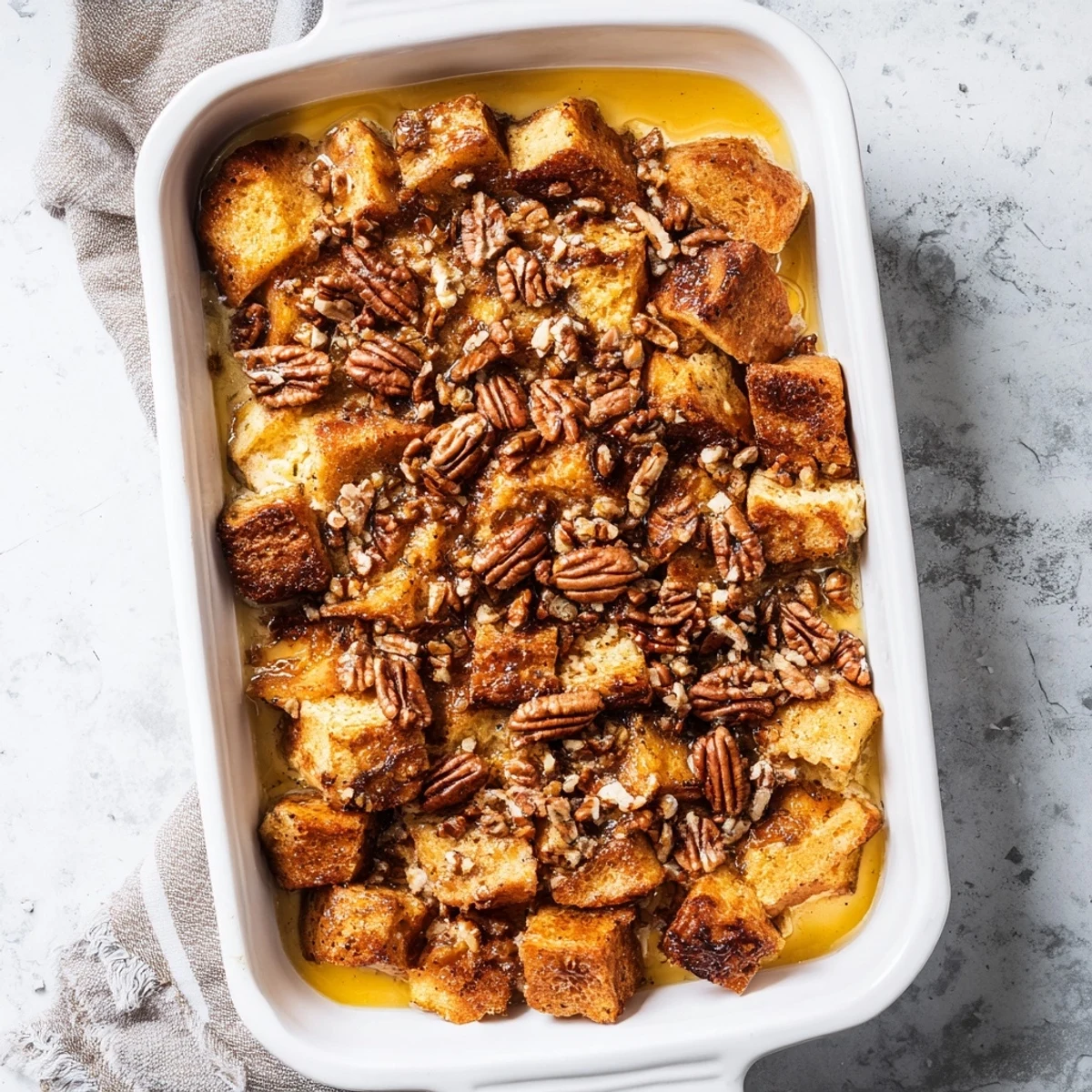 In a white baking dish, French Toast Casserole displays bubbly caramelized topping, a perfect make-ahead brunch for a crowd.