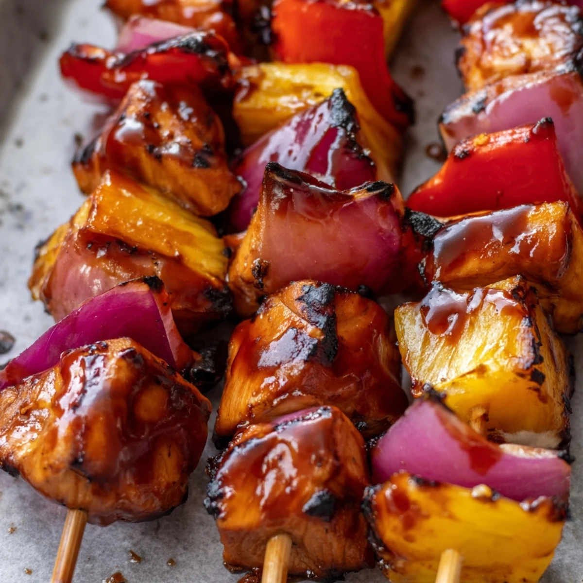 Juicy chicken and sweet pineapple pieces on skewers, grilled with smoky BBQ sauce for a summer dinner.