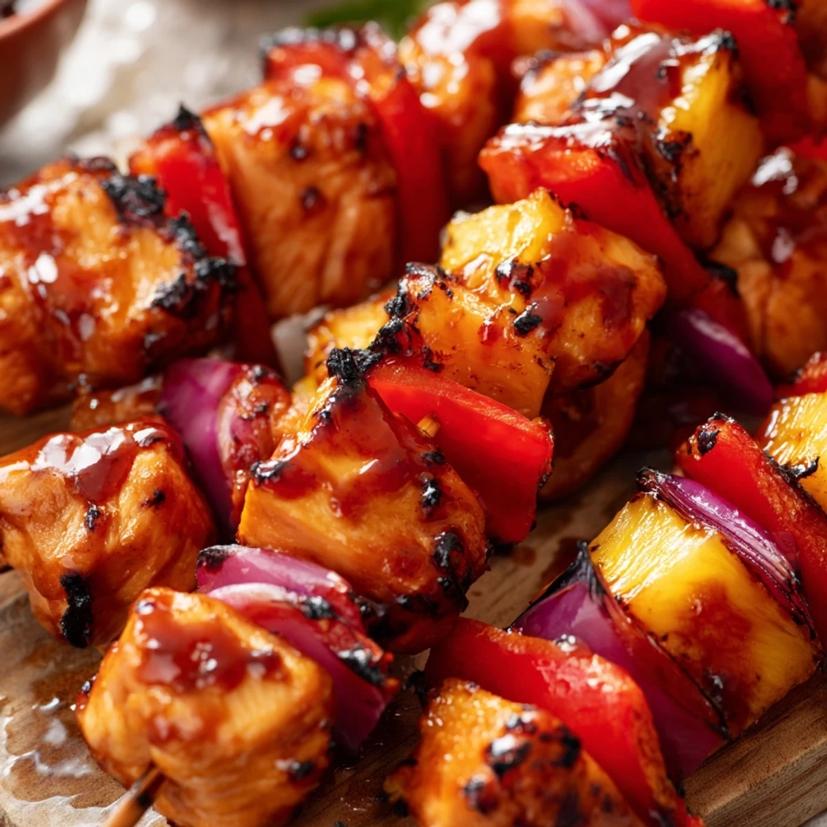 Skewers of marinated chicken and pineapple, charred on a grill and brushed with tangy BBQ glaze.