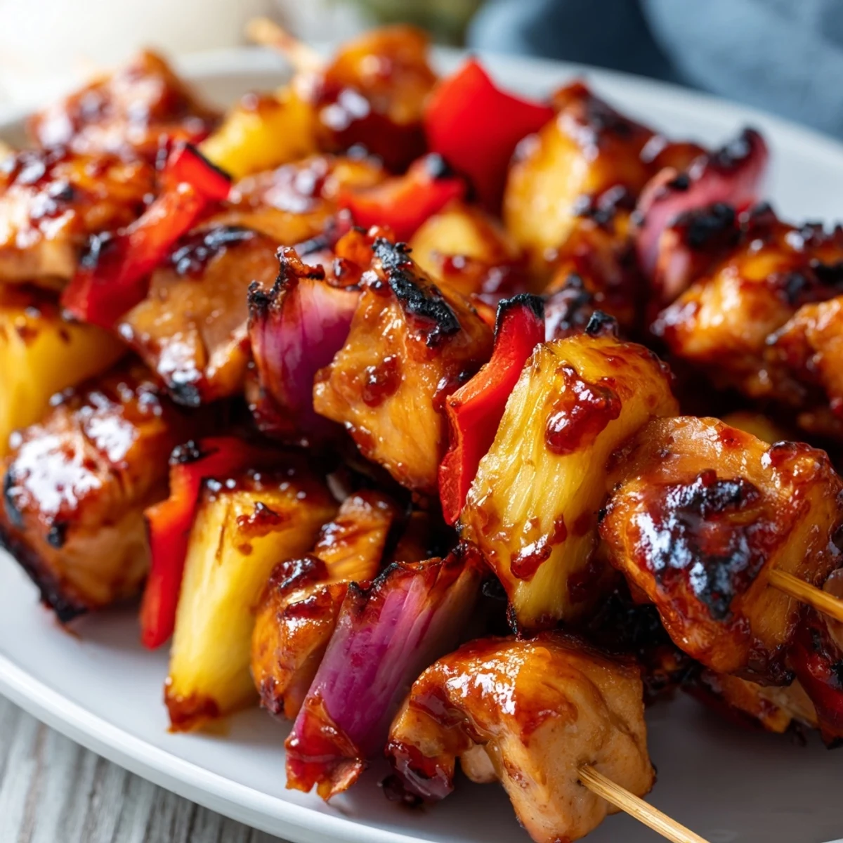 Colorful chicken and pineapple kebabs sizzling on the grill, served hot with smoky barbecue flavor.