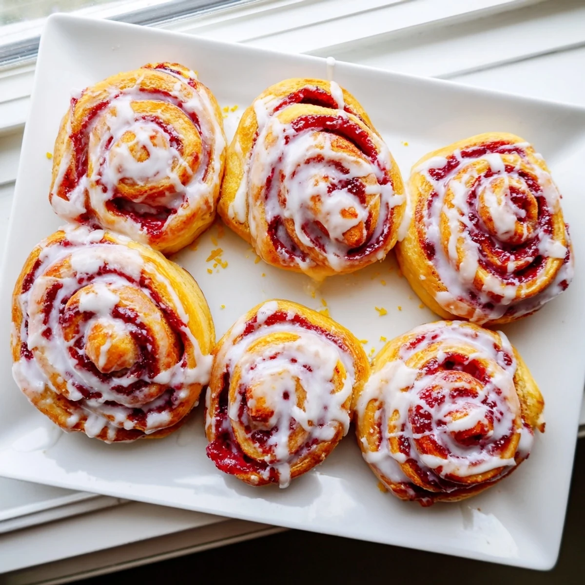 Warm Raspberry Cinnamon Rolls With Lemon Glaze served on a plate beside a cup of coffee, perfect for a special American breakfast.