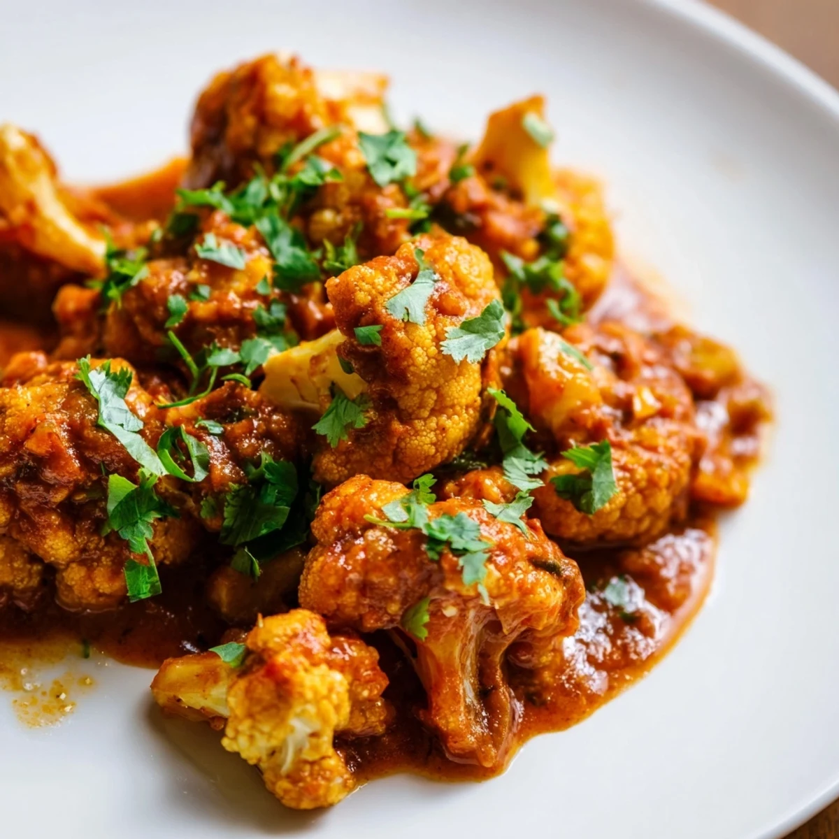 An overhead shot shows Indian Butter Spiced Potatoes and Cauliflower on a rustic plate, garnished with fresh cilantro and lemon wedges for a bright finish.
