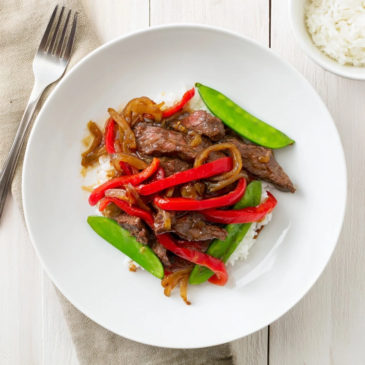 Beef With Oyster Sauce plated with white rice, showcasing vibrant bell peppers and snow peas for a weeknight meal.