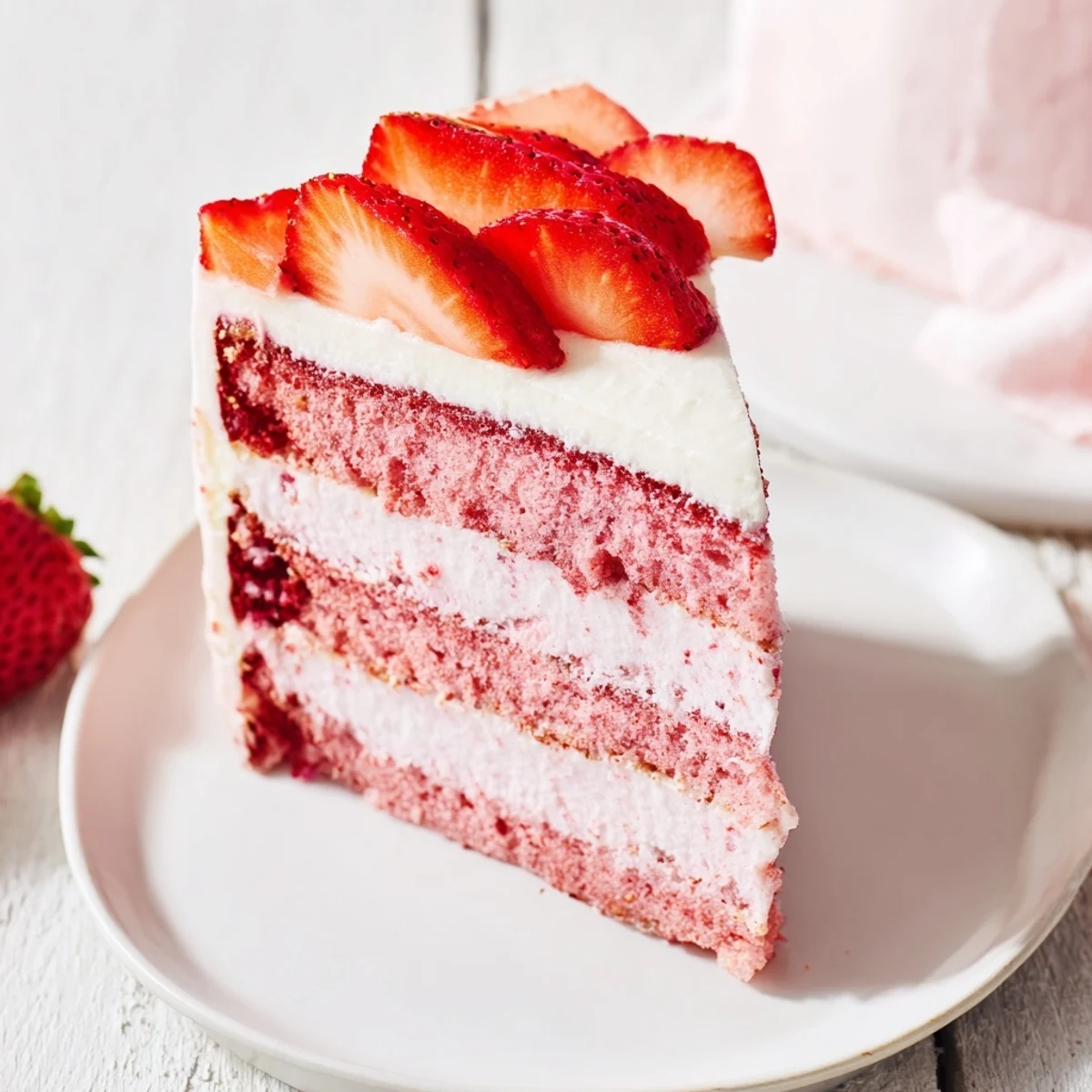 A close-up slice of moist Strawberry Velvet Cake reveals delicate crumb layers filled with fresh strawberry purée and creamy cream cheese frosting.