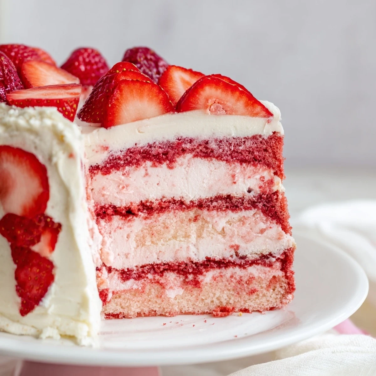 Plated on a white dish, this Strawberry Velvet Cake showcases velvety texture and vibrant pink hues, ready to serve.