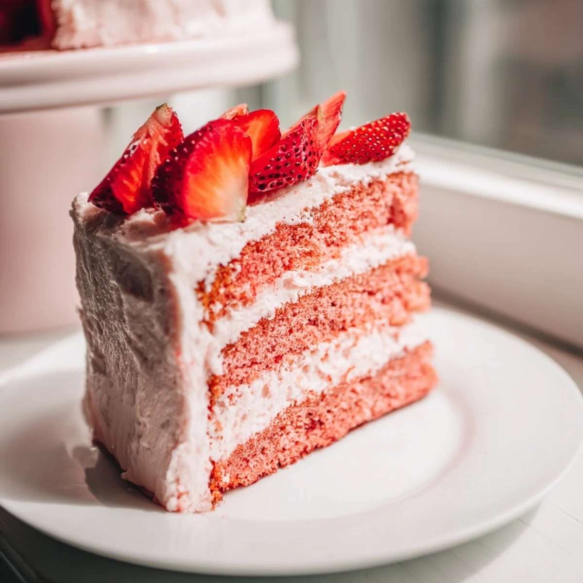 Fresh strawberries garnish a beautifully frosted Strawberry Velvet Cake, perfect for spring celebrations and sweet dessert cravings.