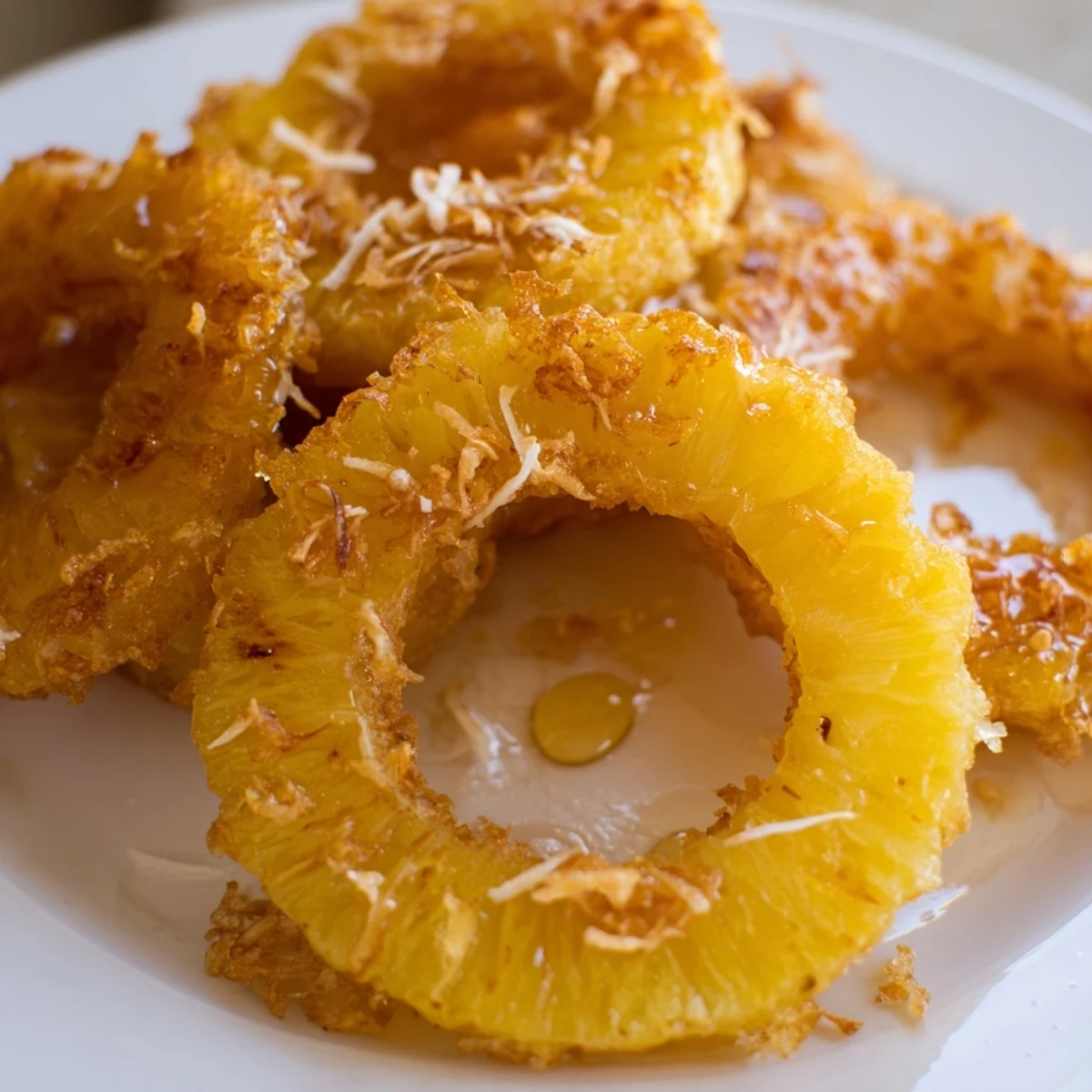 Four servings of Fried Pineapple sit on a plate, showcasing golden, caramelized rings with a crisp batter, ready to be topped with honey and toasted coconut.
