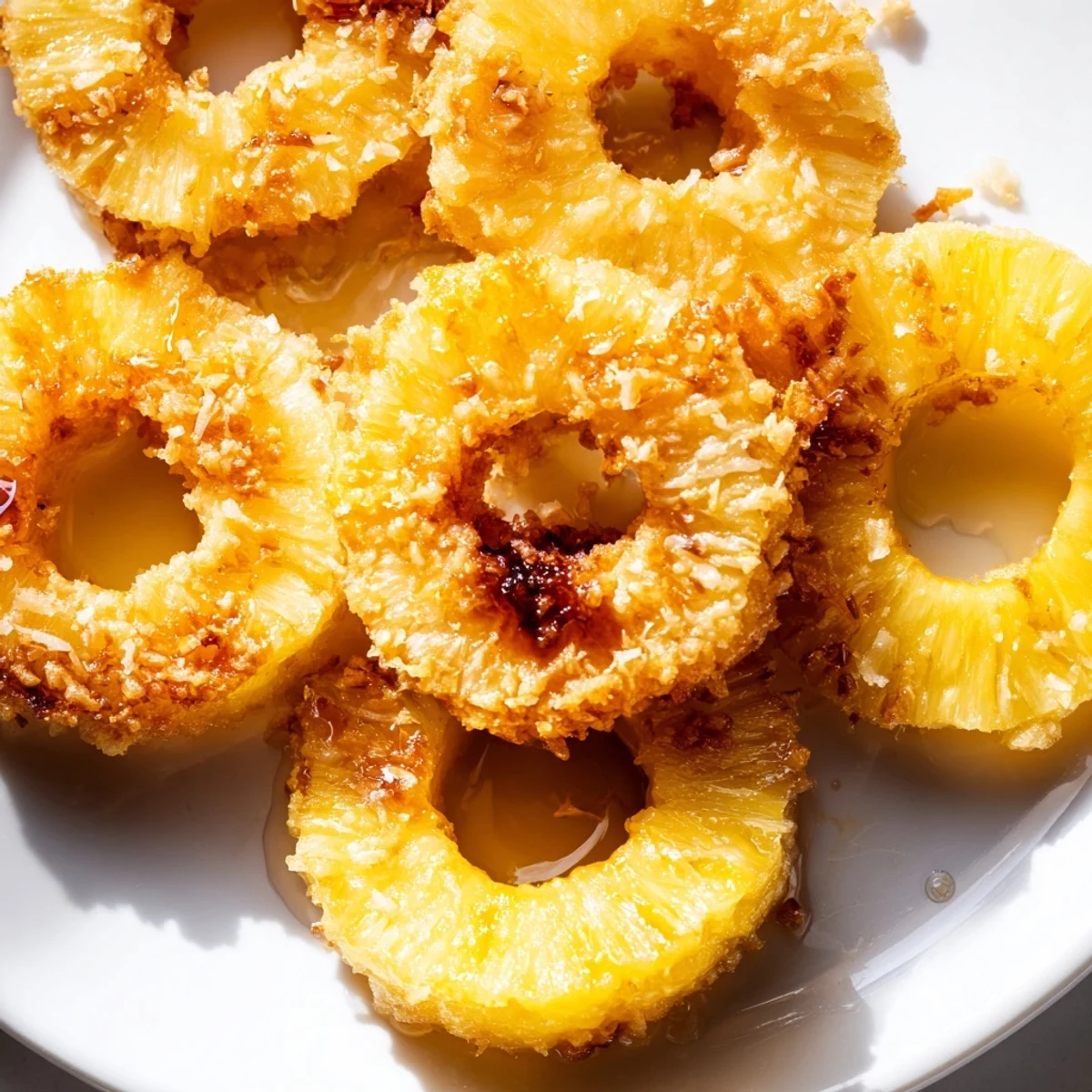 A scoop of vanilla ice cream melts over warm Fried Pineapple, served as a tropical dessert with crispy texture and sweet, juicy pineapple rings.