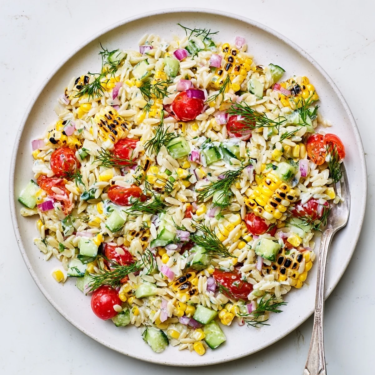 Charred ears of corn and tender orzo pasta tossed in a creamy scallion dill dressing for this vibrant Grilled Corn Orzo Salad.