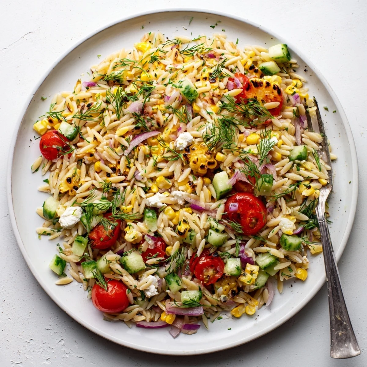Bright cherry tomatoes and crunchy cucumber mixed into a refreshing bowl of Grilled Corn Orzo Salad with crumbled feta.