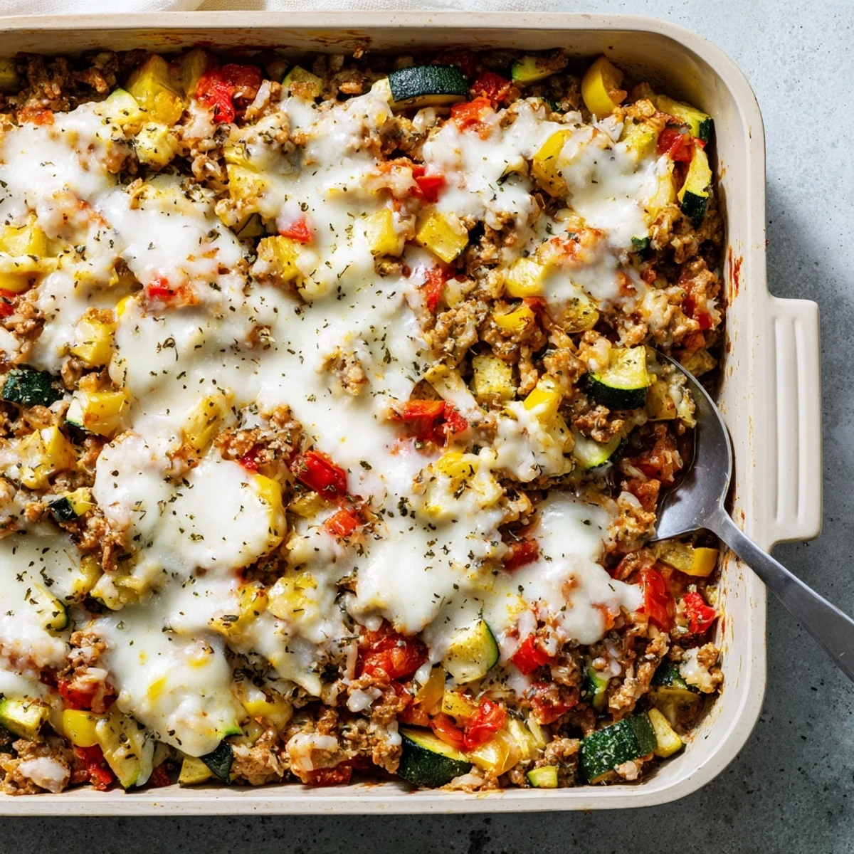 Golden-brown Easy Ground Turkey Zucchini Casserole fresh from the oven with bubbly cheese and tender vegetables.