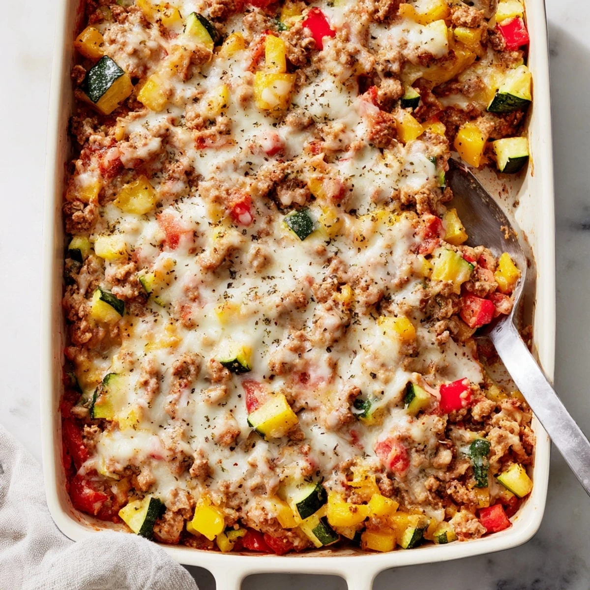 A close-up of Easy Ground Turkey Zucchini Casserole served with a fresh green salad for a weeknight meal.