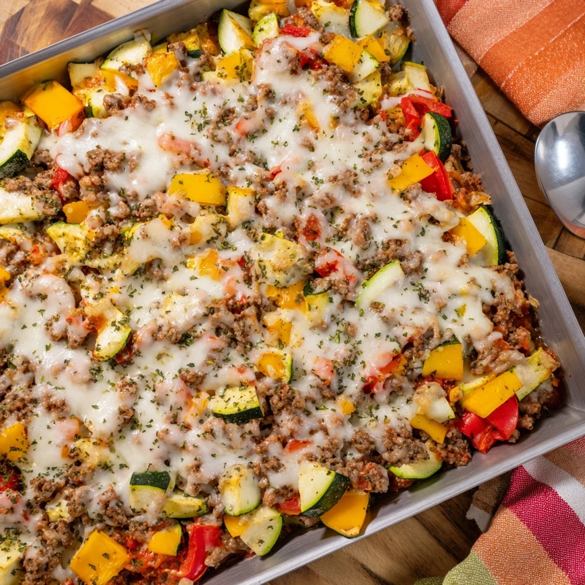 A spoon scooping into the savory Easy Ground Turkey Zucchini Casserole revealing layers of meaty turkey and zucchini.