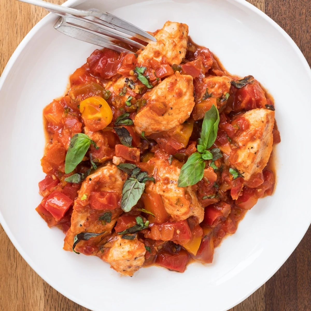 Slow cooker tomato basil chicken with tender pieces in a rich red sauce, garnished with fresh basil and served over creamy polenta.