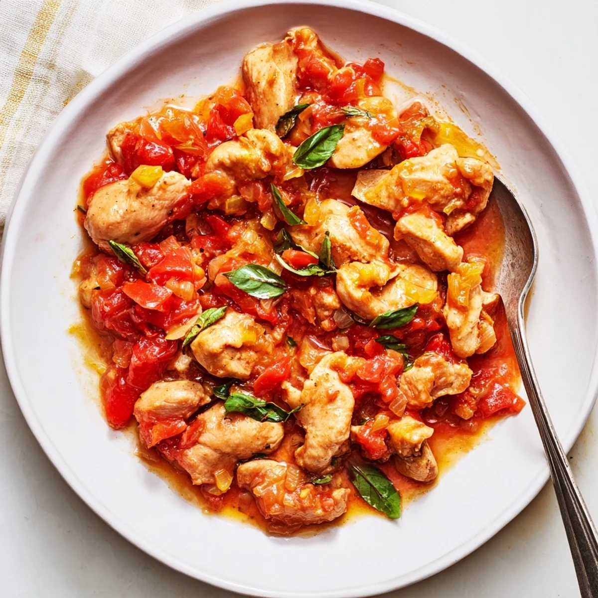 Fork-tender slow cooker tomato basil chicken in a vibrant red sauce, topped with fresh basil and grated Parmesan for a cozy Italian dinner.