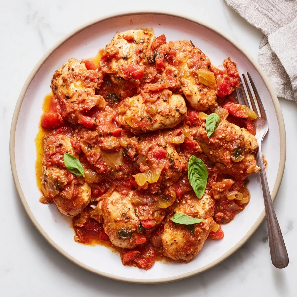 A hearty plate of slow cooker tomato basil chicken in a thick, aromatic tomato and basil sauce, paired with steamed rice and crusty bread.