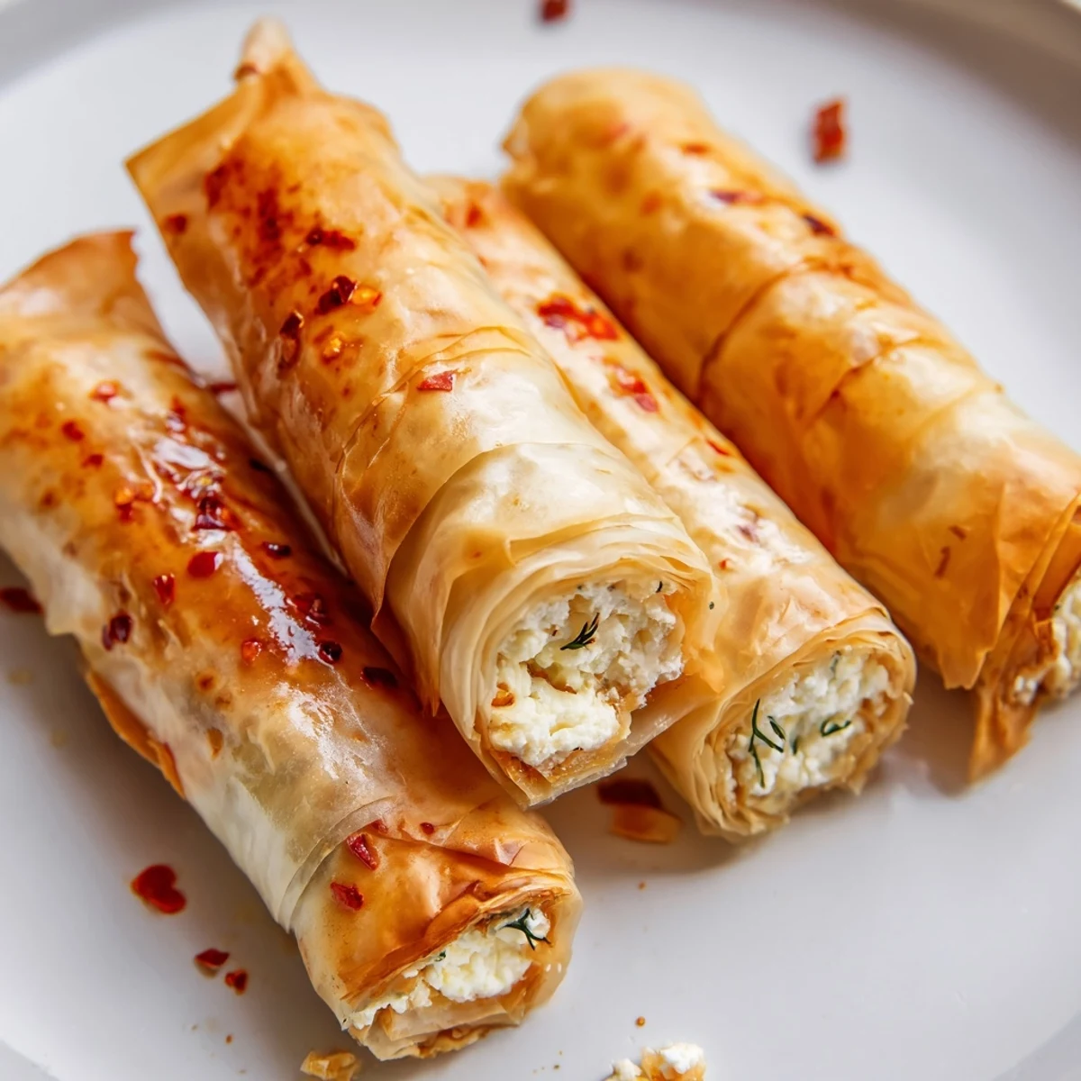 Golden-baked Oven Fried Feta Rolls with Spicy Chili Honey, crispy phyllo with creamy filling, drizzled warmly.  