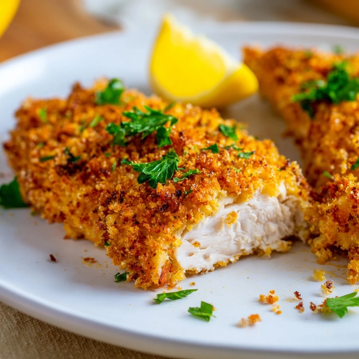 Baked Garlic Parmesan Chicken rests on a plate with roasted broccoli and lemon wedges for serving.