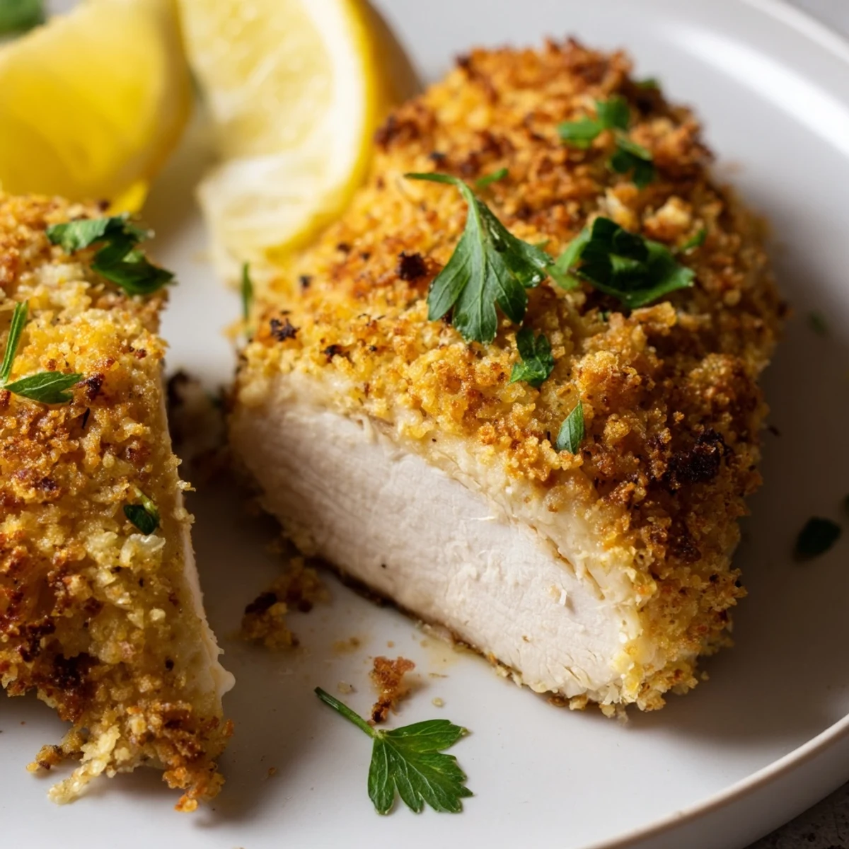 Golden Baked Garlic Parmesan Chicken is topped with melted Parmesan and herbs on a rustic wooden table.