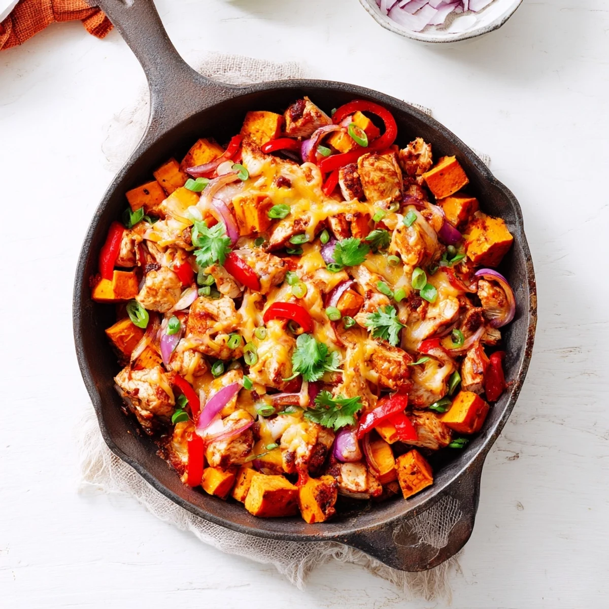Golden melted cheddar and mozzarella blanket the Sweet Potato Skillet with BBQ Chicken & Cheese, with jalapeños and green onions on top.