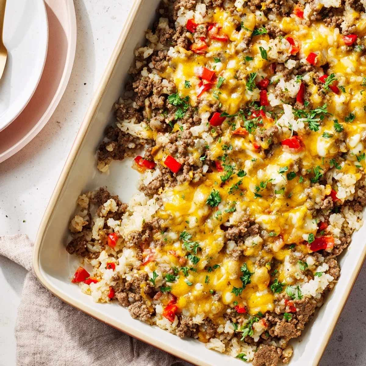 Golden, bubbly cheese melts over a savory Ground Beef Casserole with Cauliflower Rice, served fresh from the oven.