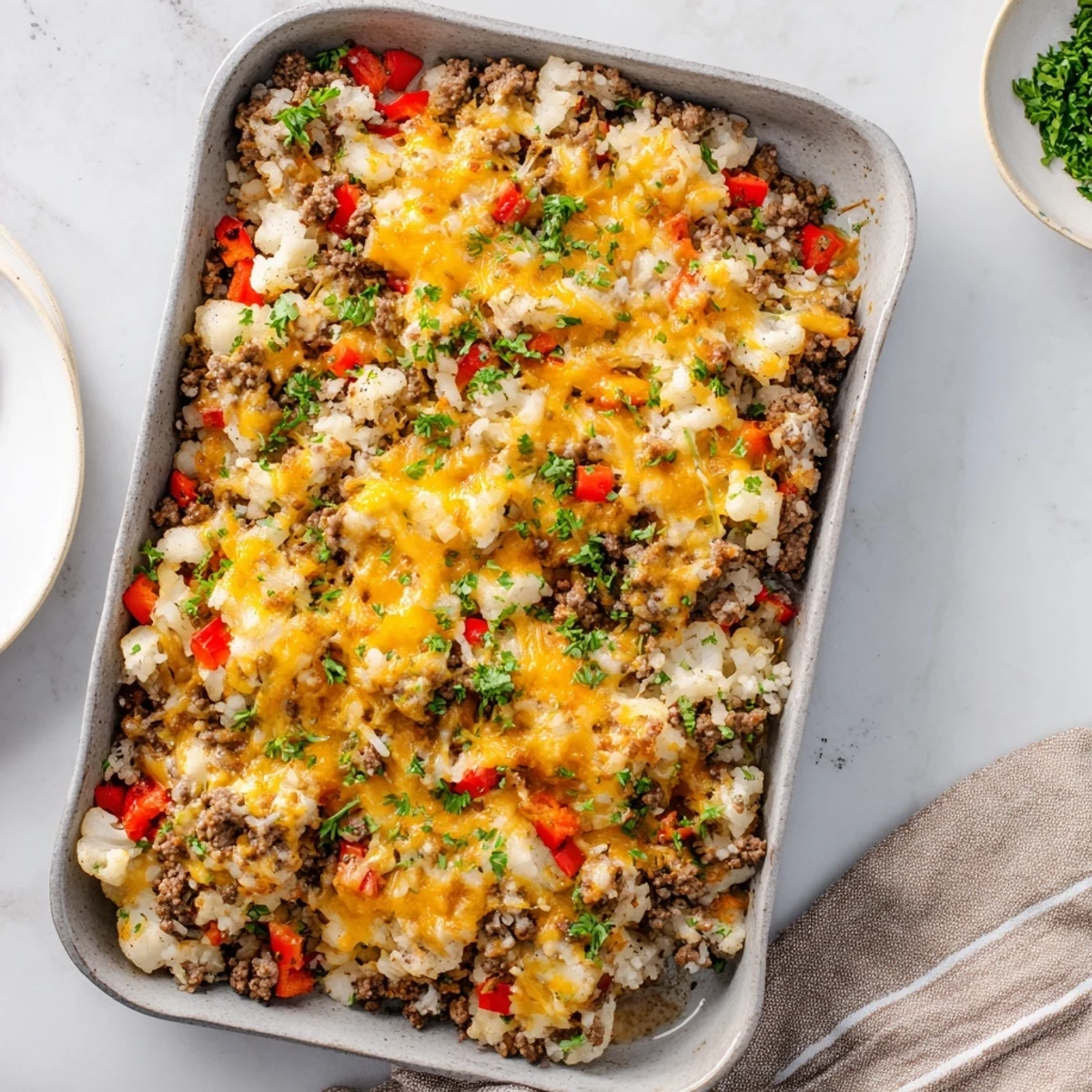 Comforting Ground Beef Casserole with Cauliflower Rice topped with fresh parsley, ready for a delicious weeknight dinner.