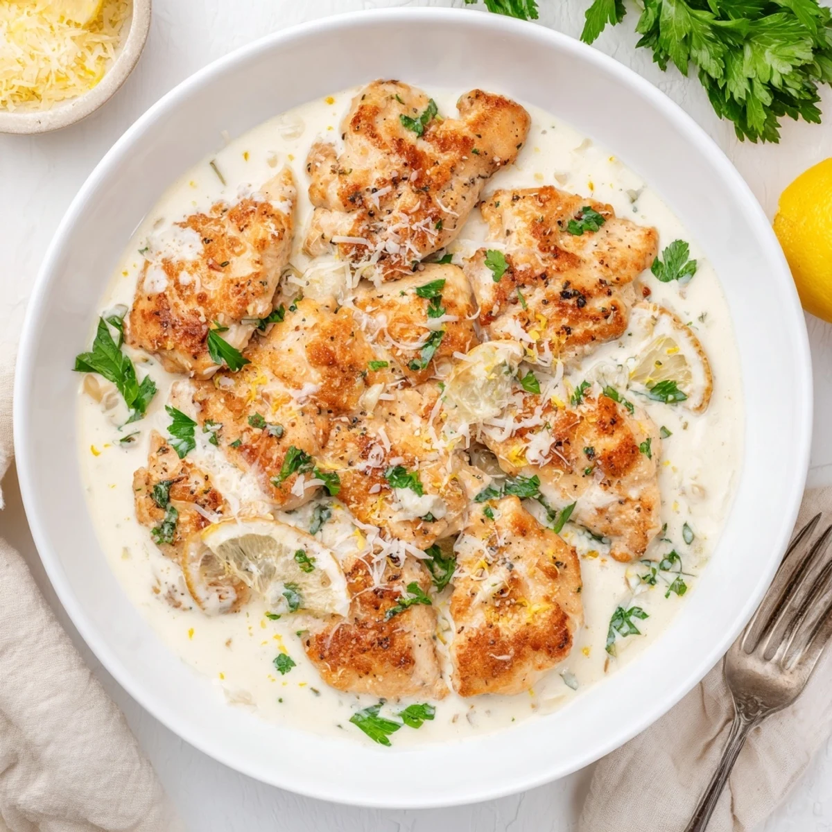 Creamy Parmesan Lemon Chicken rests on a white plate, garnished with fresh parsley and lemon slices.