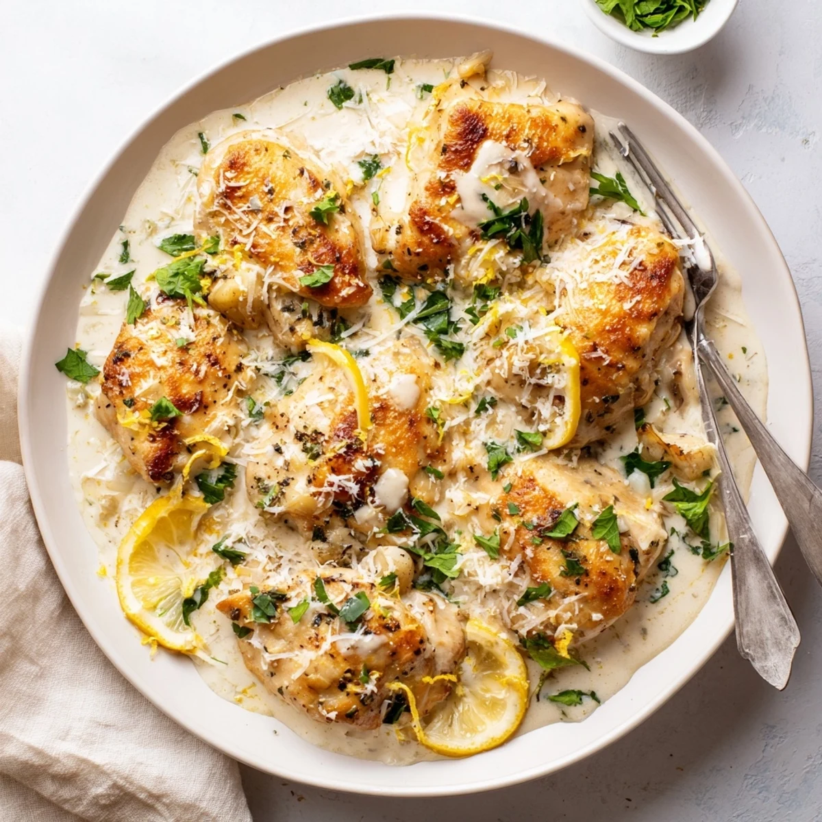 Serve Creamy Parmesan Lemon Chicken with steamed green beans and rustic bread for a complete Italian-American meal.