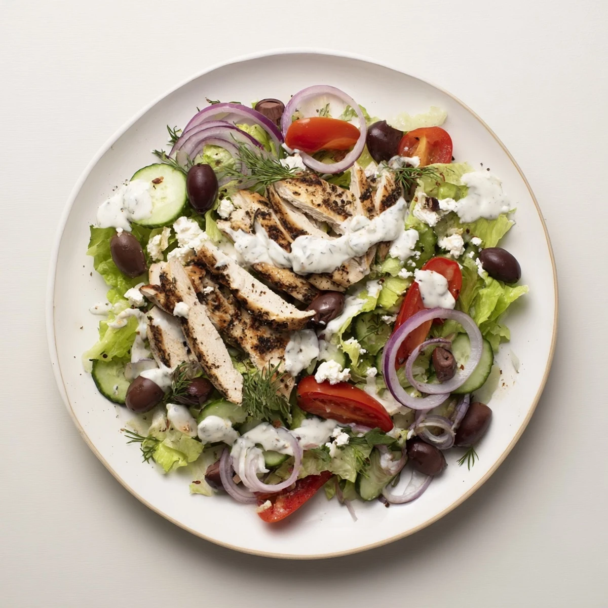 A close view of juicy grilled chicken and crisp veggies tossed in homemade Greek dressing, highlighting the delicious Tzatziki Chicken Salad.