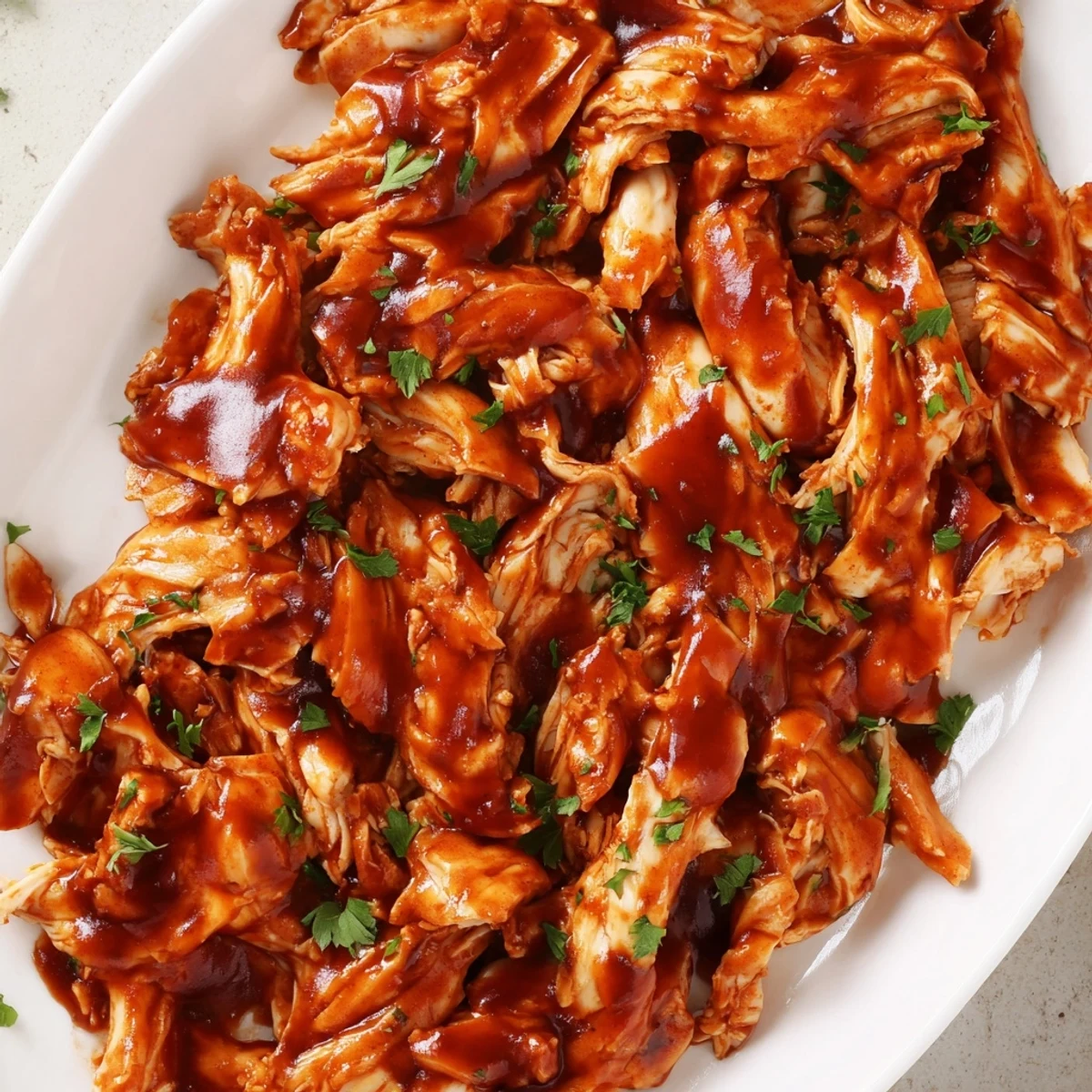 A hearty serving of Sweet Baby Rays Crockpot Chicken on a rustic plate with fresh parsley.  