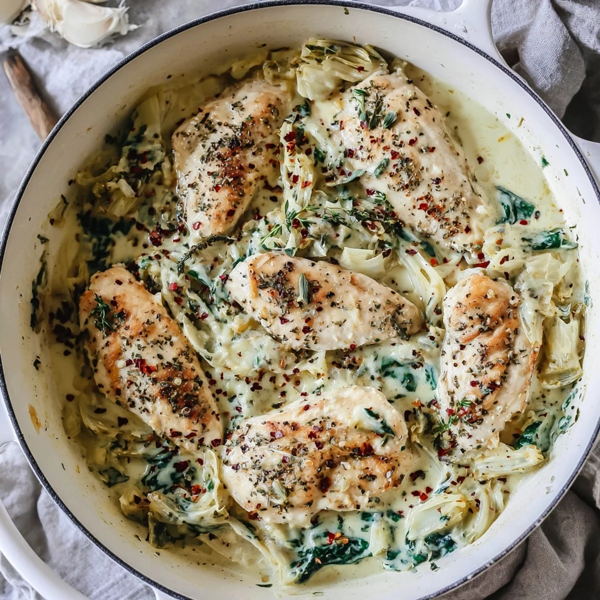Golden-browned chicken breasts nestled in a creamy spinach and artichoke cottage cheese sauce.
