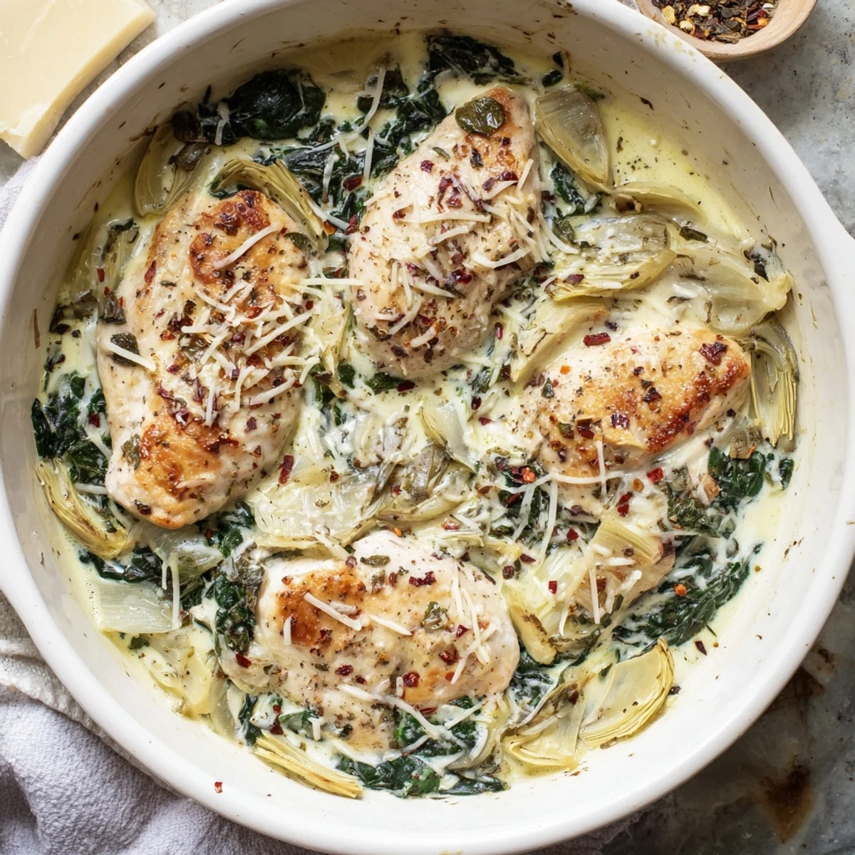 Spinach Artichoke Chicken with Cottage Cheese baked and served bubbling hot in a skillet.