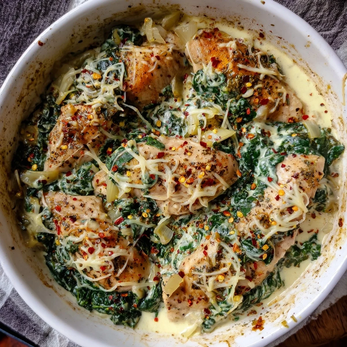 Savory Spinach Artichoke Chicken with Cottage Cheese plated with tender chicken and wilted greens.