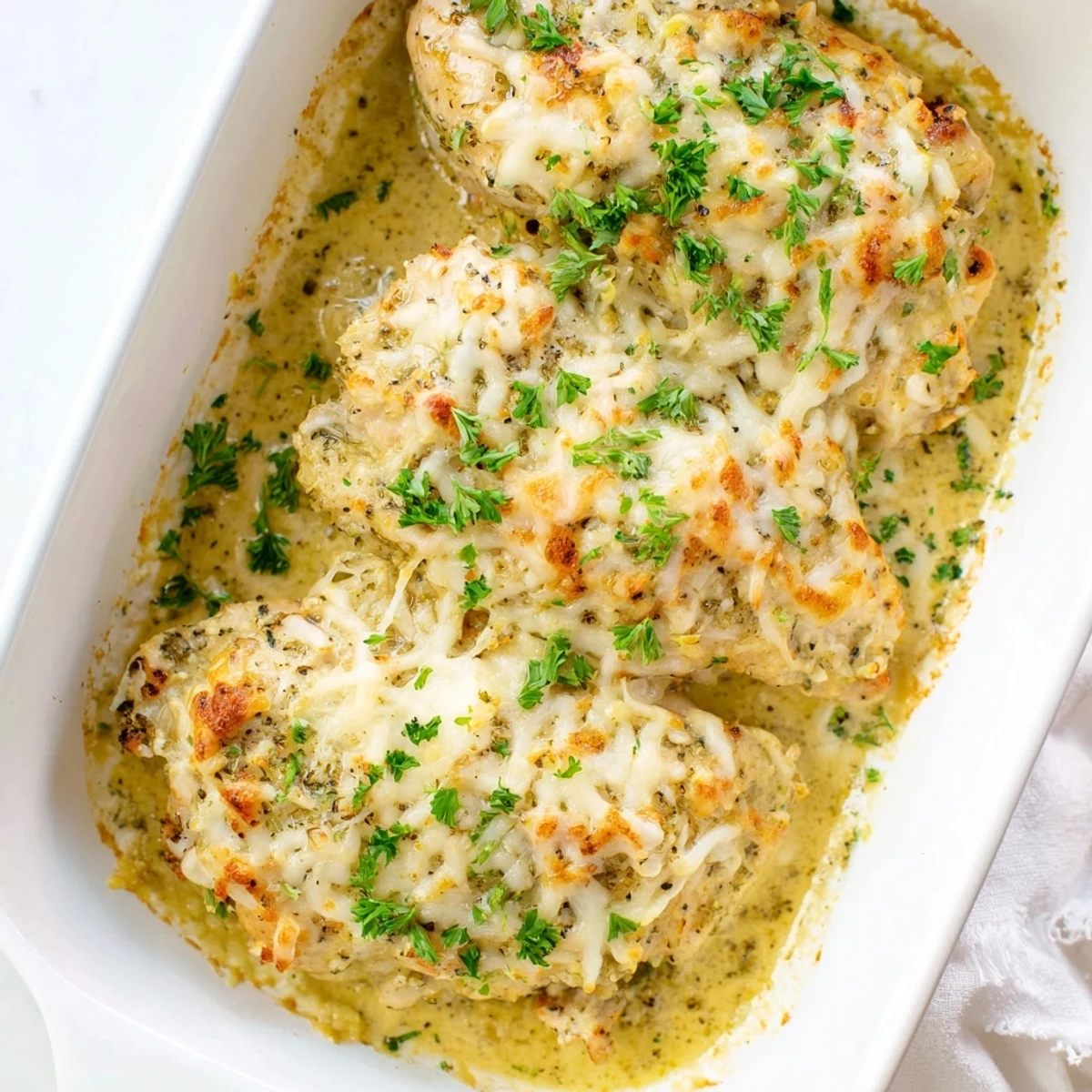 Golden, bubbly Parmesan and mozzarella cheese tops tender baked chicken breasts coated in creamy Caesar sauce.