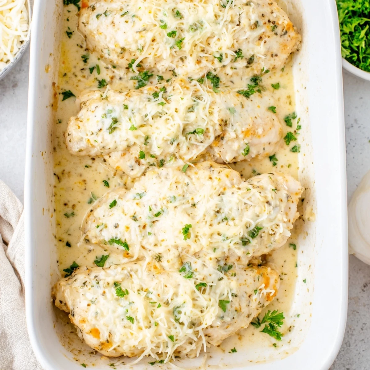 Fresh parsley sprinkles over Creamy Parmesan Baked Caesar Chicken, served alongside roasted vegetables for dinner.
