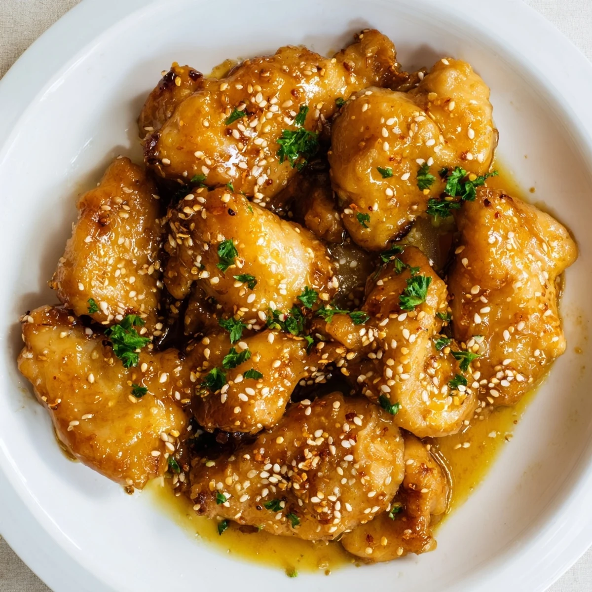 Honey Butter Chicken arranged on a white plate, garnished with green parsley and sesame seeds for extra flavor.