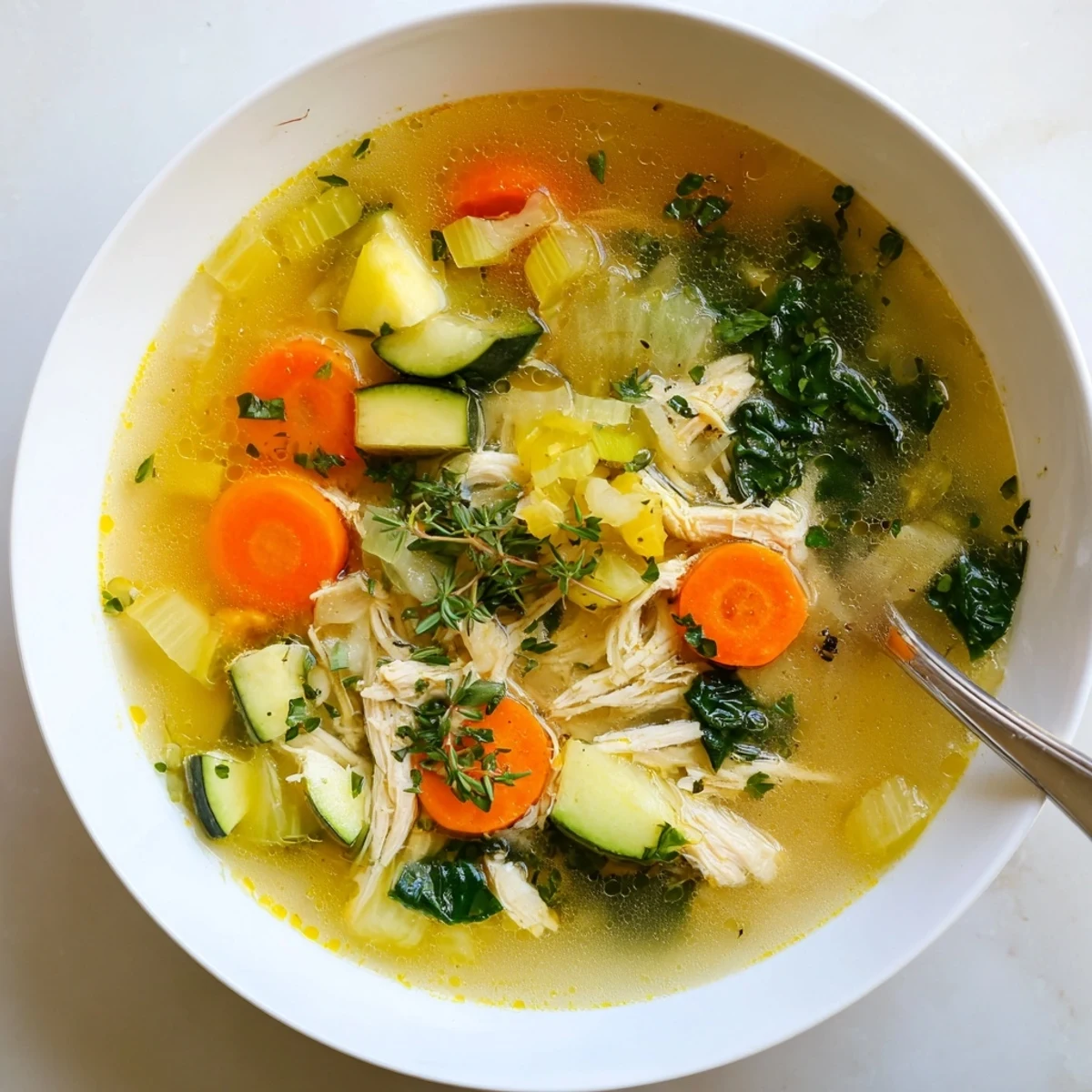 A steaming bowl of The Best Healing Chicken Soup with tender chicken, carrots, and fresh parsley garnish.
