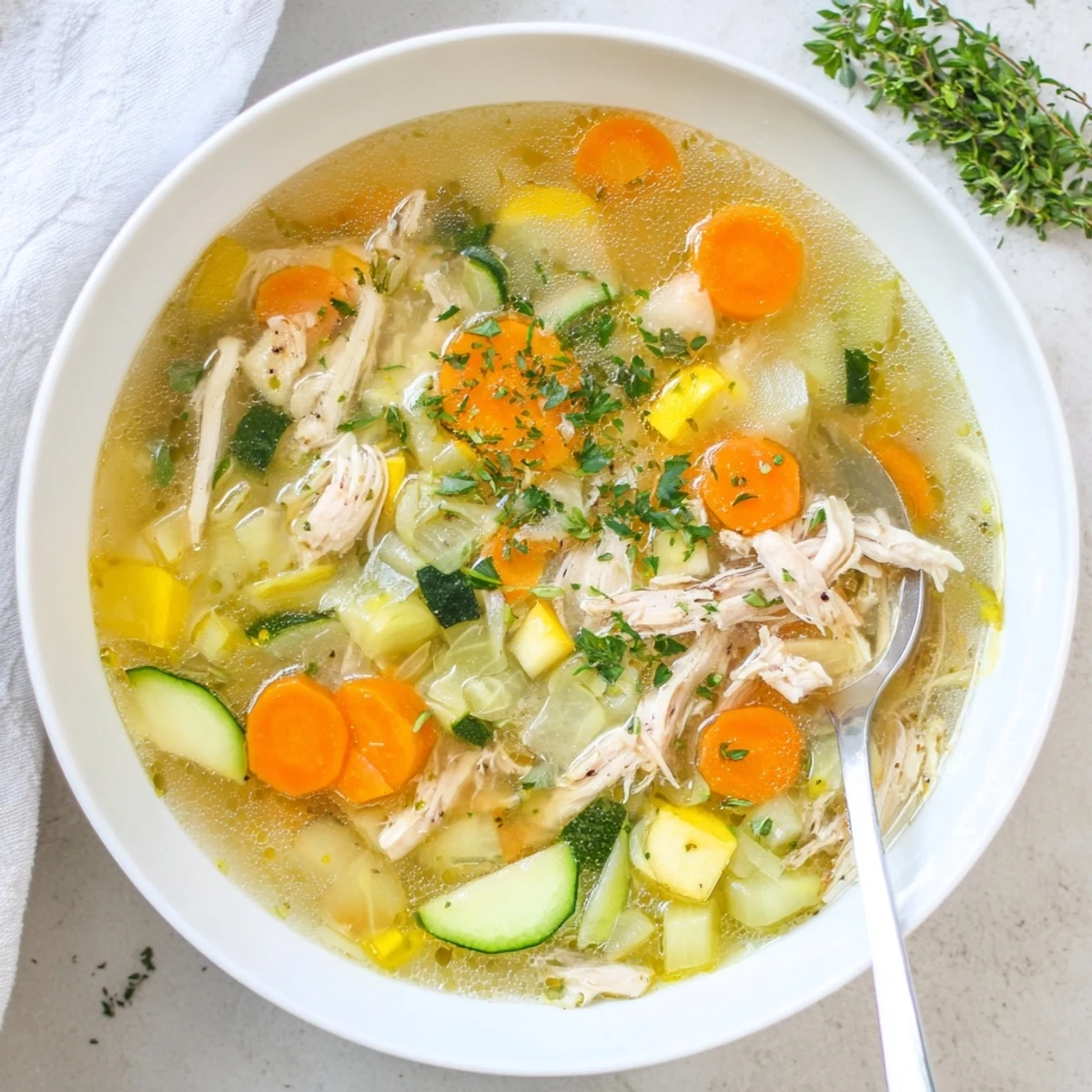 Close-up of The Best Healing Chicken Soup featuring vibrant zucchini, kale, and shredded chicken in broth.