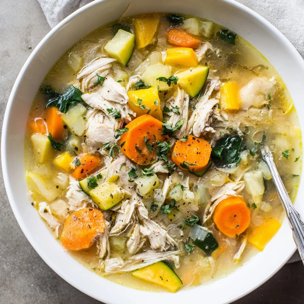 Comforting The Best Healing Chicken Soup served hot with a lemon wedge and rustic bread on the side.