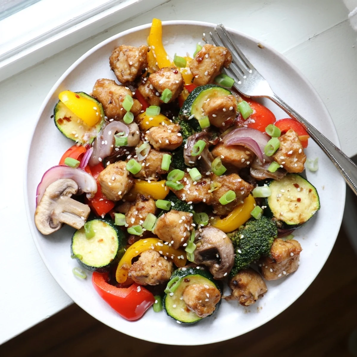 Golden brown Perfect Easy Air Fryer Hibachi Chicken & Vegetables in a white bowl with vibrant green onions and sesame seeds.