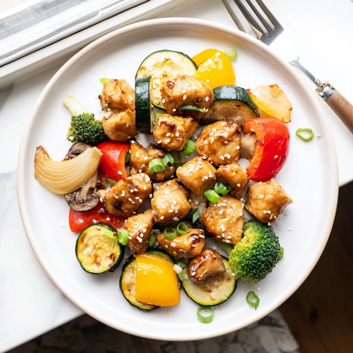Serving suggestion for Perfect Easy Air Fryer Hibachi Chicken & Vegetables plated alongside fluffy white rice and chopsticks.