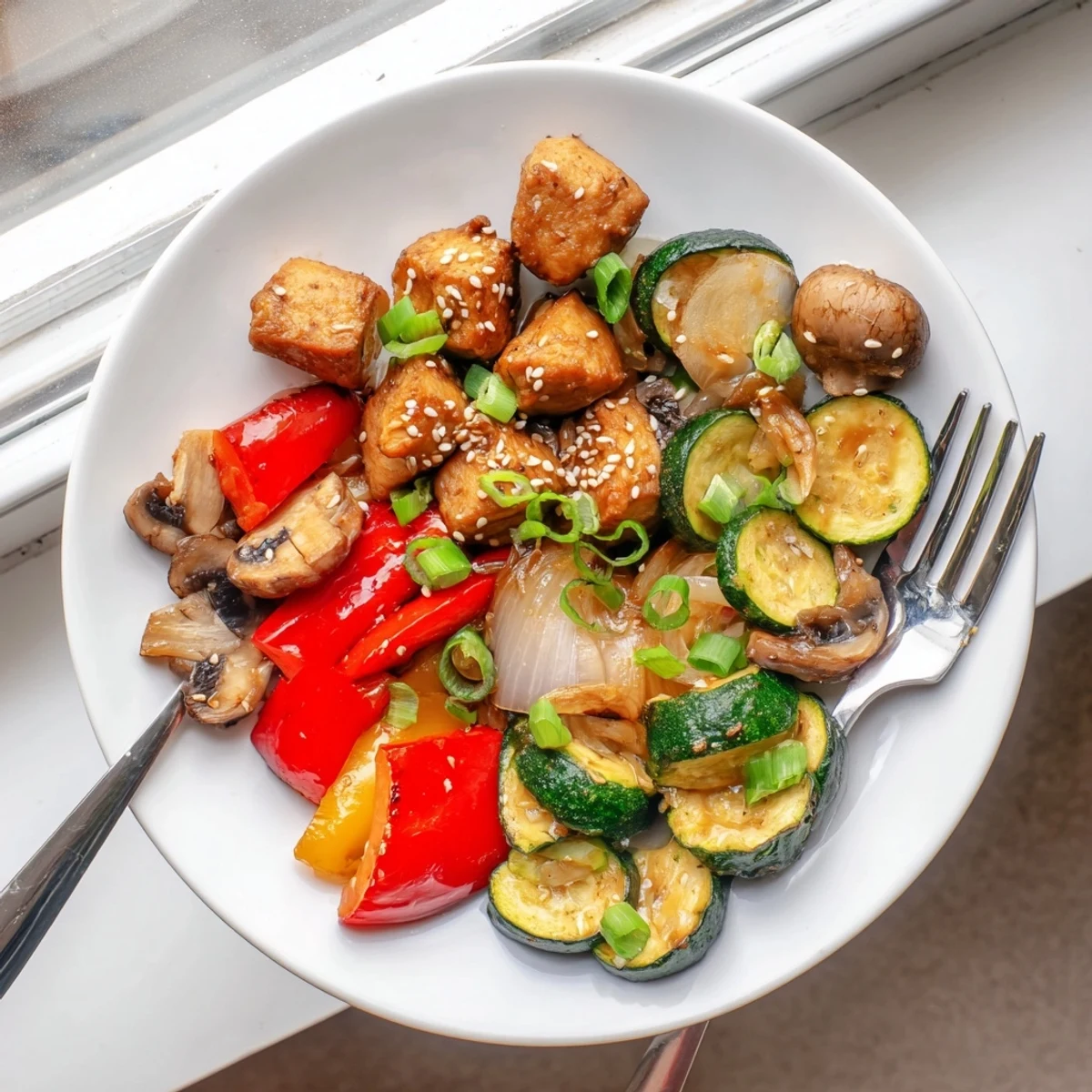 A close-up shot of the juicy Perfect Easy Air Fryer Hibachi Chicken & Vegetables sizzling with savory sauce and crisp broccoli.