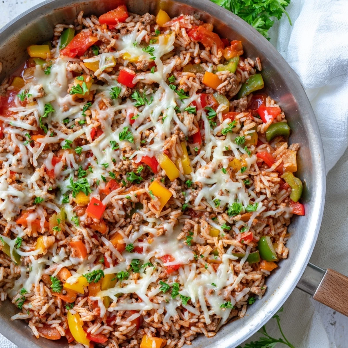 Sizzling ground beef and vibrant diced bell peppers cook together in the skillet for Unstuffed Pepper Skillet. A close-up shows melted mozzarella and fresh parsley garnish on the hearty rice dish. This comforting American main dish is served hot, ready for a family weeknight dinner.