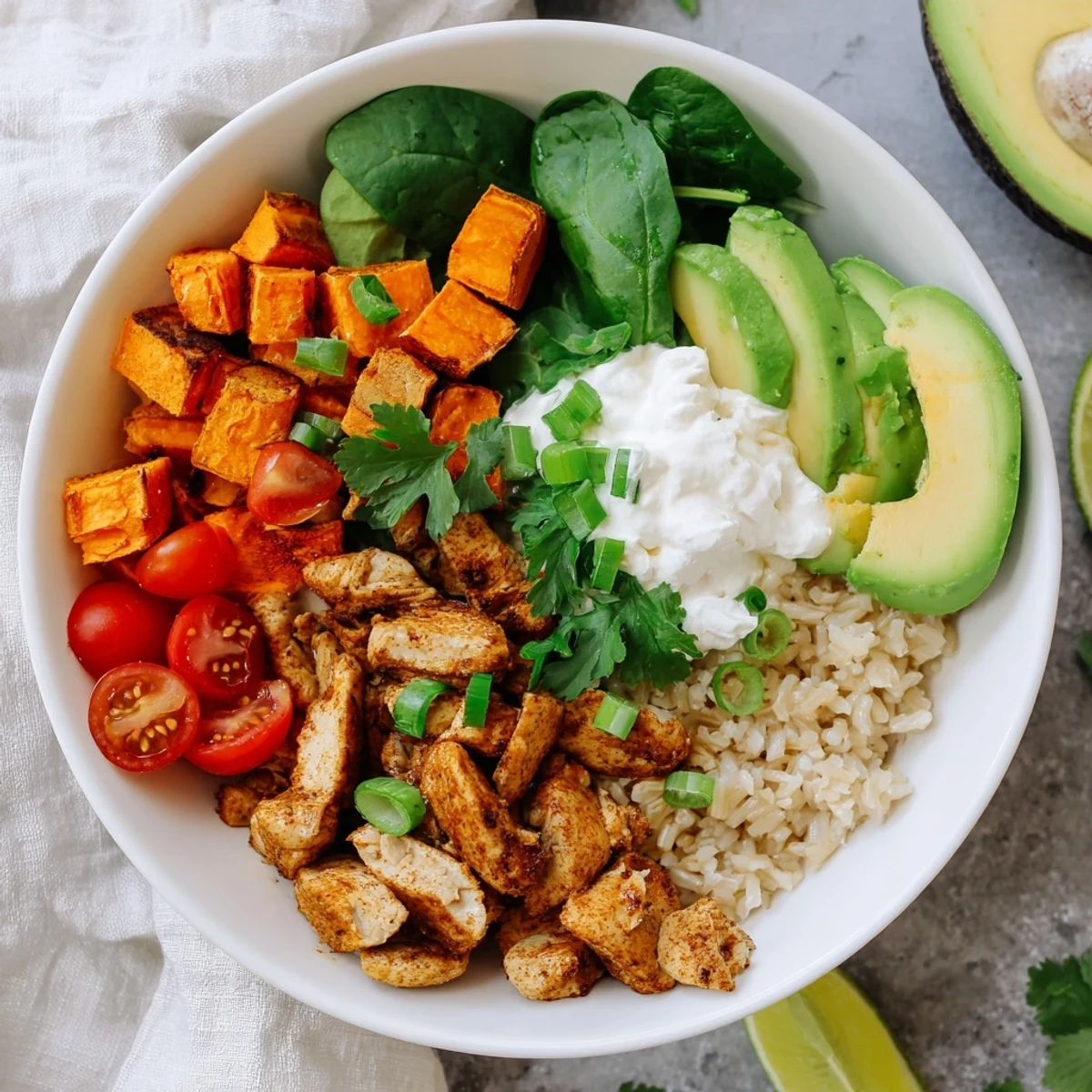 Delicious Wholesome Chicken Sweet Potato Rice Bowl featuring juicy chicken, tender sweet potatoes, and fluffy rice, garnished with avocado, Greek yogurt, and fresh green onions.