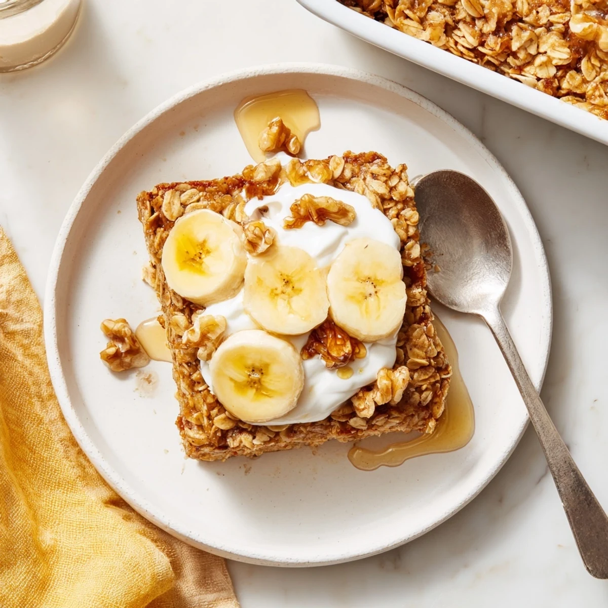 Warm slice of Banana Baked Oatmeal topped with creamy Greek yogurt, chopped walnuts, and a drizzle of maple syrup.