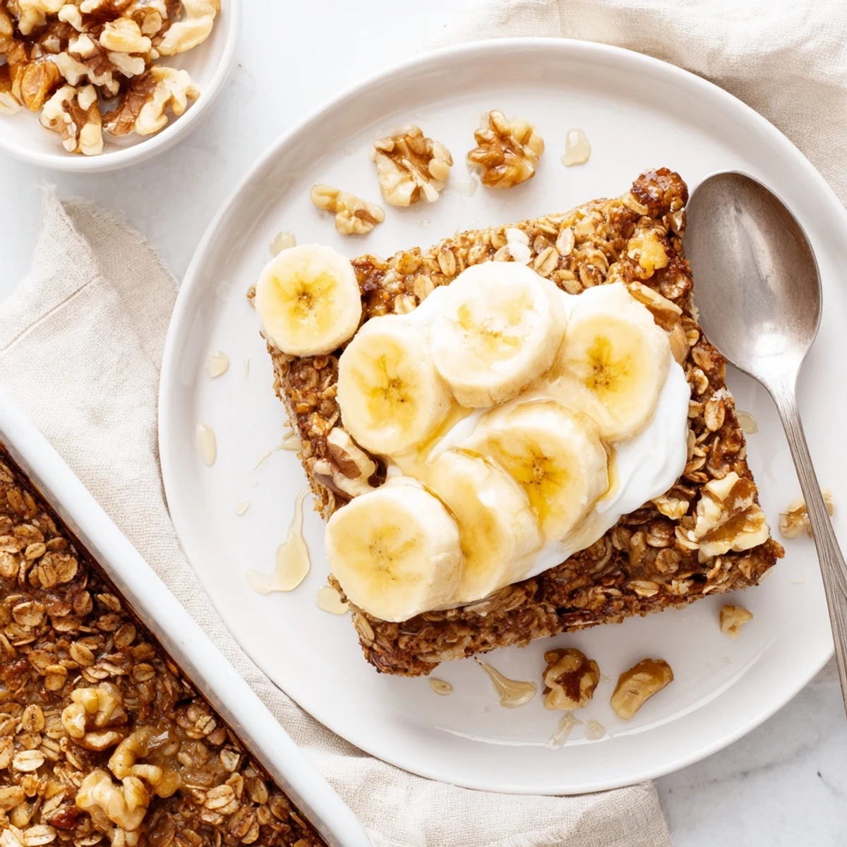 Freshly baked Banana Baked Oatmeal with Greek Yogurt cooling on a wire rack with golden edges and banana slices.