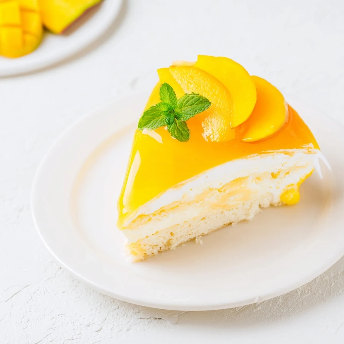Golden mango mousse cake with glossy glaze topping a fluffy sponge slice on white plate