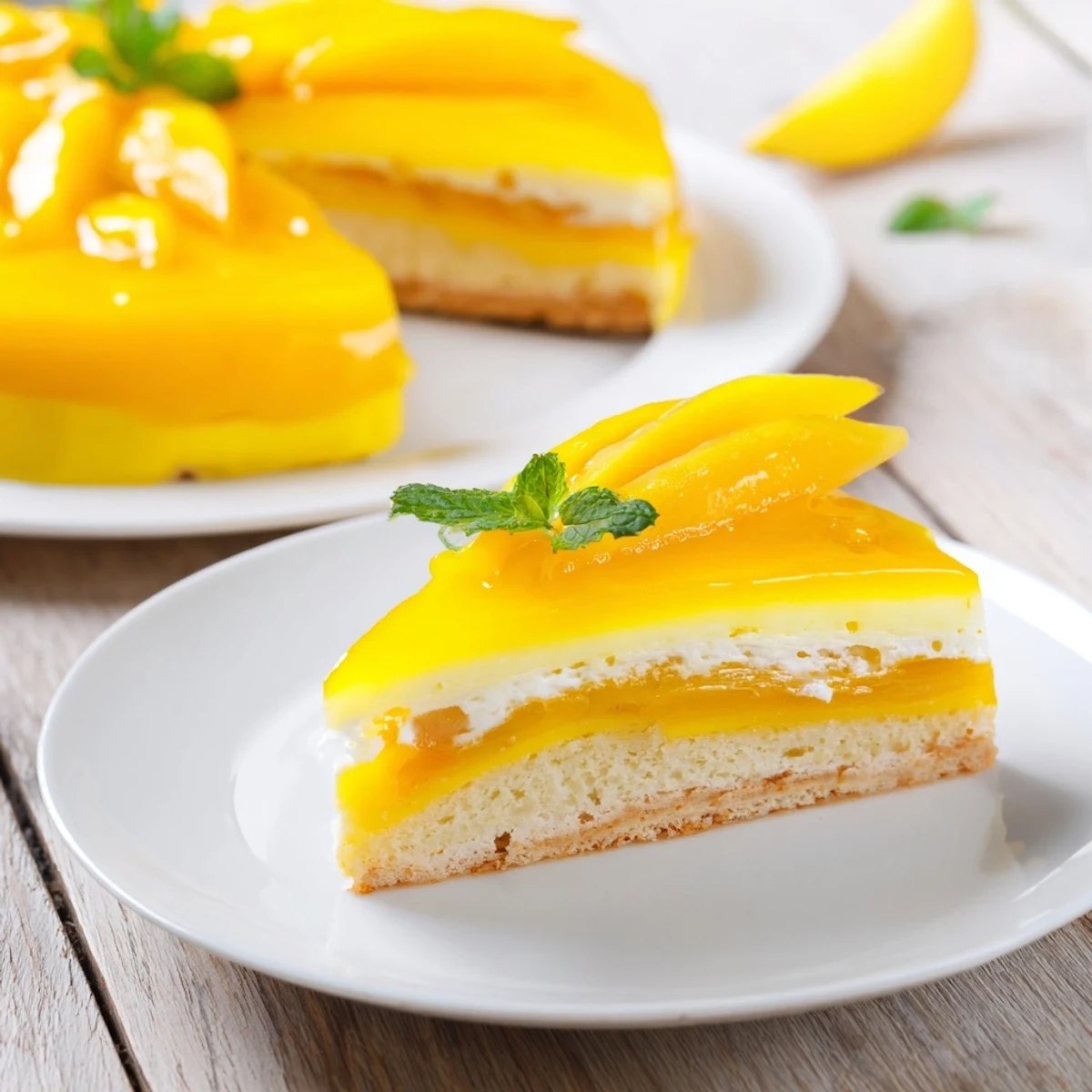 Creamy mango mousse cake featuring fresh mango decoration and glistening fruit glaze on dessert fork